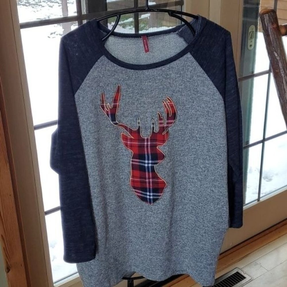 Bellamie Red Plaid‎ Deer Long Sleeve Raglan Pocketed Sz XL Top